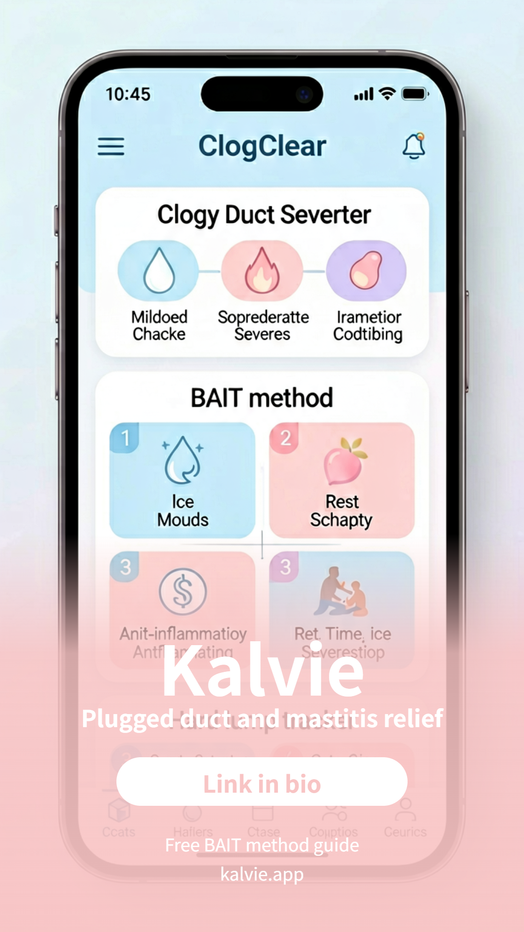 Kalvie app preview showing clogged duct severity check and BAIT method guide