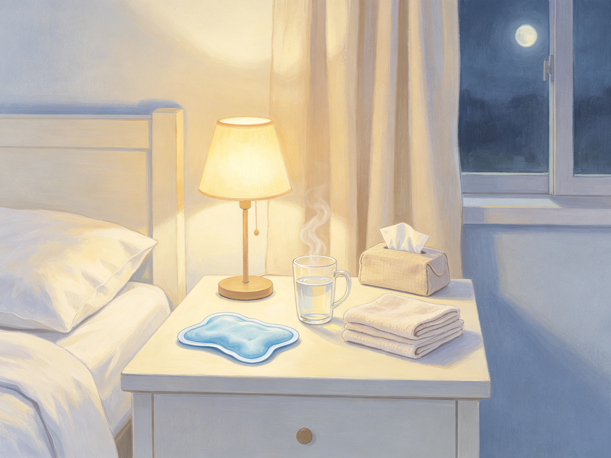A calm self-care corner at 3 AM: ice pack, warm water and a folded towel
